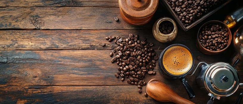 Aromatic coffee beans and brewing equipment on wooden table, creating a cozy atmosphere for coffee lovers. Copy space available.
