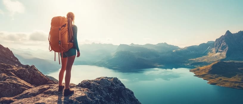 Female hiker with orange backpack admiring breathtaking view of mountain lake and peaks, embodying adventure and exploration in nature.