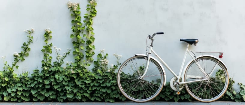 Vintage white bicycle parked against light blue wall with climbing ivy, creating a charming urban scene. Copy space available.
