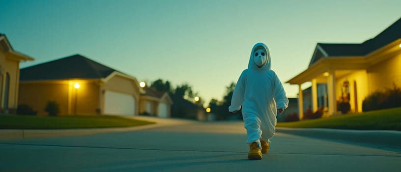 Figure in white ghost costume walking on suburban street at dusk, with illuminated houses creating a spooky Halloween atmosphere.