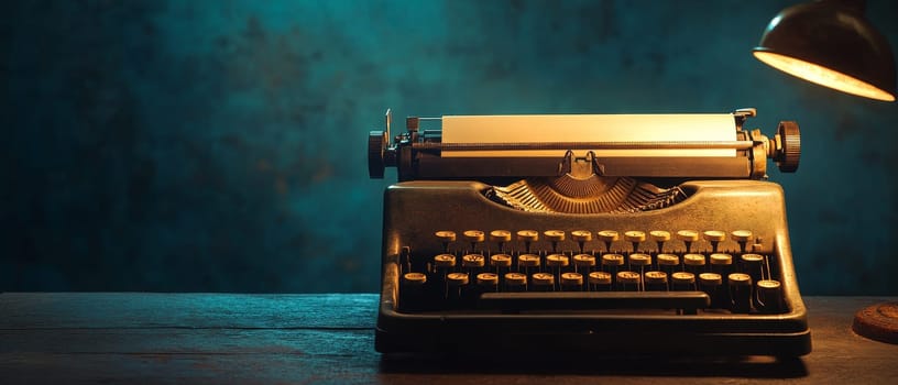 Antique typewriter illuminated by warm lamp light against a dark teal background, evoking nostalgia and storytelling ambiance.