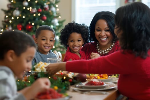A joyful family shares a festive meal together, surrounded by holiday decorations and a Christmas tree, radiating warmth and happiness.
