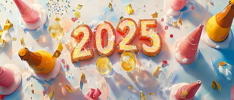 Festive New Years Eve 2025 party scene with glittery numbers, champagne bottles, confetti, and colorful party decorations against a bright background.