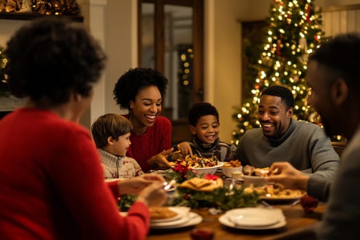 A family enjoys a festive dinner with laughter and delicious dishes in a warmly decorated living room during the holiday season.