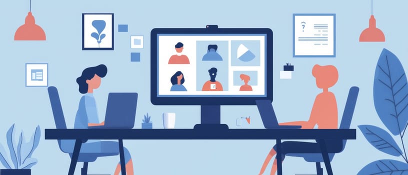 Illustration of two people participating in a virtual conference call from home, showcasing modern work from home and online communication concepts.