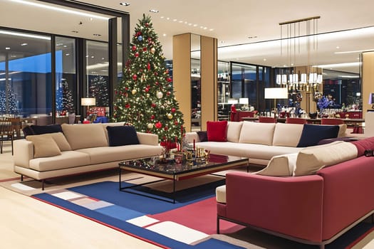 A beautifully arranged living room features a Christmas tree adorned with ornaments, surrounded by modern furniture and festive decor.