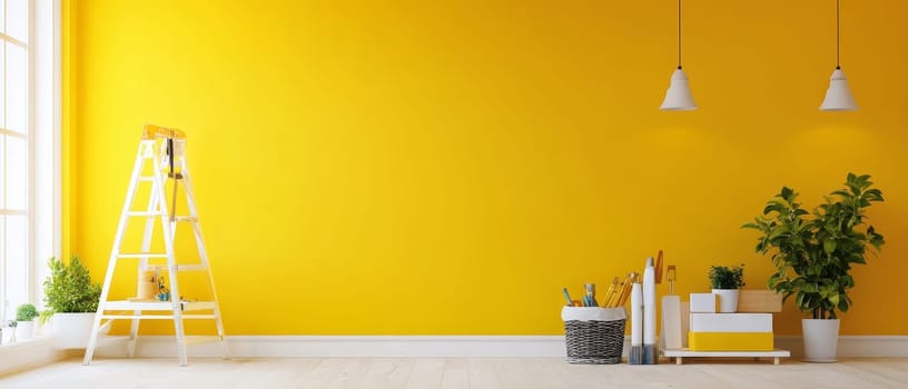 Empty yellow room interior with white ladder, pendant lamps, and office supplies, offering ample copy space for text or design elements.