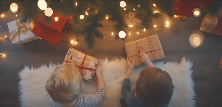 Two children sit on a soft rug and eagerly unwrap presents under a glowing Christmas tree adorned with lights.