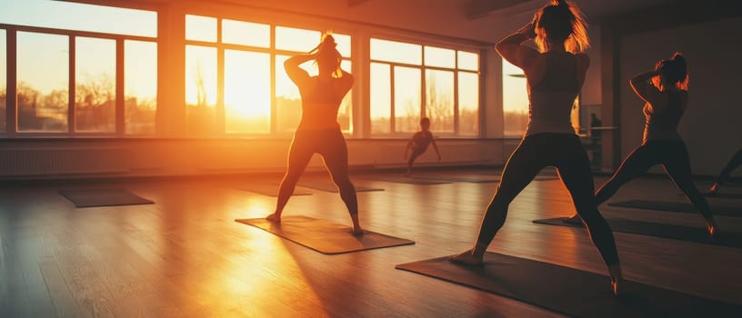 Group of people practicing yoga in a sunlit studio with large windows, creating dramatic silhouettes against the warm sunset sky.