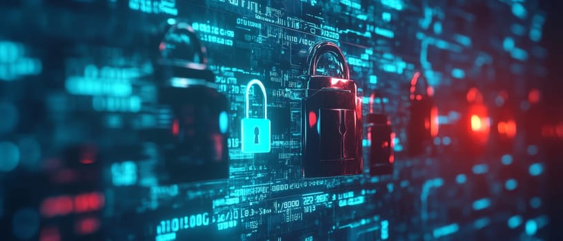Digital security visualization with glowing padlock icons and binary code, representing data protection and cybersecurity in blue and red tones.
