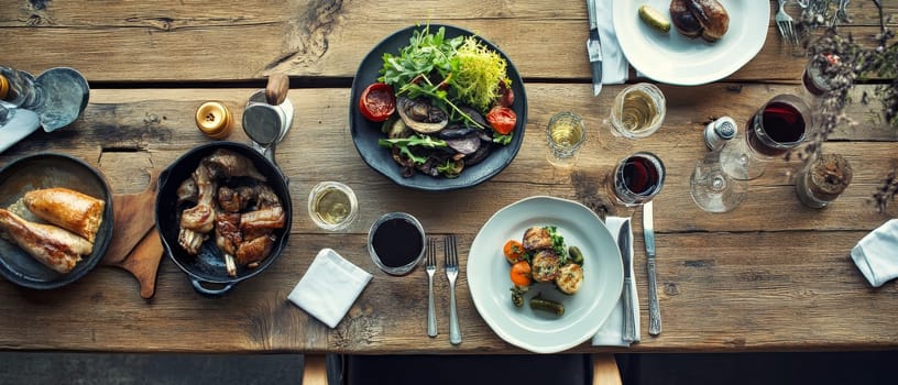 Variety of delicious dishes served on rustic wooden table, including salads, meats, and wine, creating an inviting dining atmosphere.
