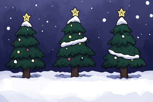 Three vibrant Christmas trees adorned with ornaments and snow stand in a peaceful winter setting under a starry sky.