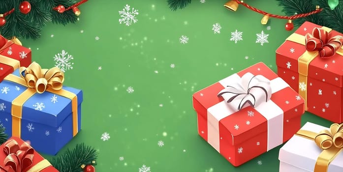 Brightly wrapped Christmas gifts sit on a vibrant green surface, adorned with snowflakes and festive decorations.