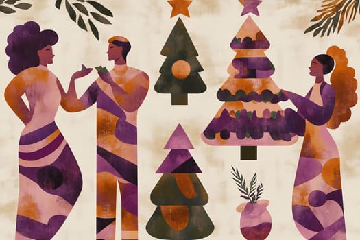 Three individuals engage in festive preparations surrounded by decorated trees and holiday elements in a vibrant atmosphere.