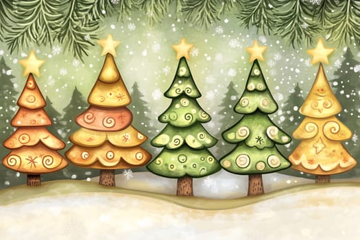 Five beautifully decorated Christmas trees stand in a snowy setting, each adorned with stars and unique patterns during winter festivities.