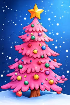 The cheerful pink Christmas tree is decorated with bright ornaments, standing out against a snowy winter setting.