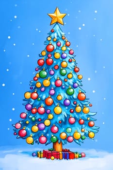 A vibrant Christmas tree stands tall, adorned with shiny ornaments, surrounded by colorful gifts, evoking holiday cheer.