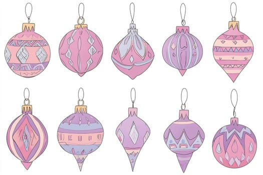 A collection of pink and lavender Christmas ornaments featuring intricate patterns, perfect for adding festive cheer to holiday decor.