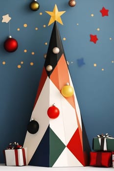 A vibrant geometric Christmas tree stands adorned with colorful ornaments and surrounded by wrapped presents on a festive background.