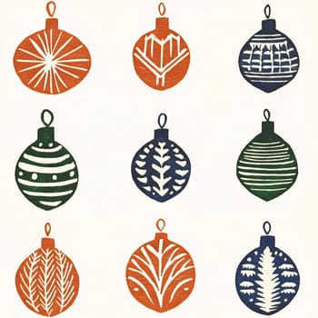 Decorative Christmas ornaments arranged in a neat grid exhibit various patterns, enhancing holiday spirit and charm.