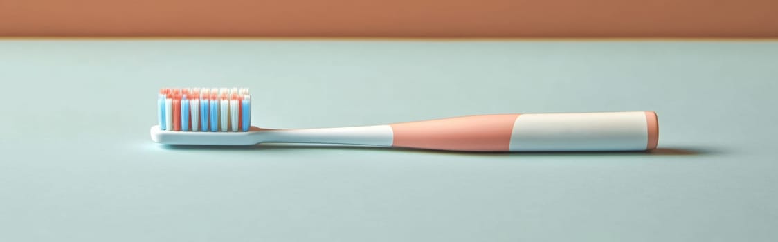 Toothbrush with blue handle on light blue background, concept of dental hygiene, AI Generated