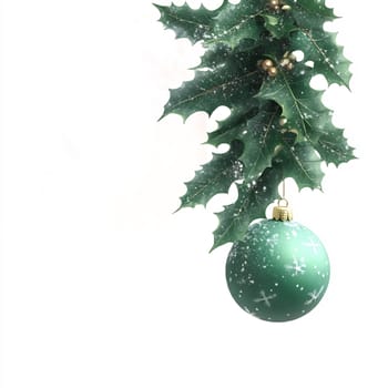 A vibrant green ornament hangs from snow-dusted holiday leaves, embodying the spirit of winter festivities and seasonal cheer.