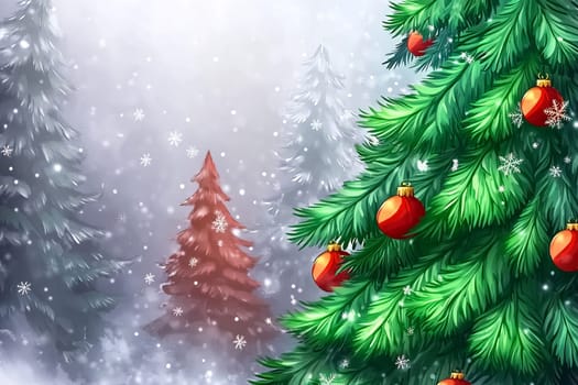 A vibrant Christmas tree with red ornaments surrounded by snow-covered trees on a wintry day.