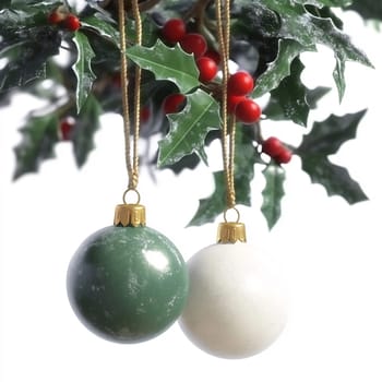 Two beautiful green and white ornaments dangle from a holly branch adorned with red berries, capturing the holiday spirit.