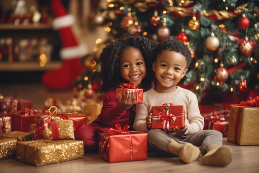 Two children are smiling and holding colorful gifts surrounded by a festive atmosphere with a decorated Christmas tree.