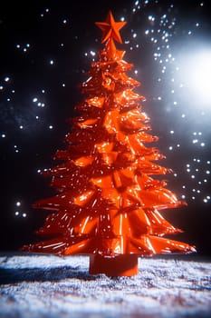 The striking orange Christmas tree features a modern design, glowing under soft lights with a snowy backdrop, evoking a festive spirit.