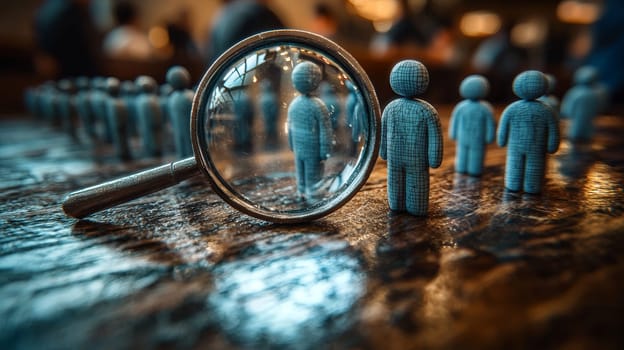 A creative 3D rendering illustrating the search for employees through a magnifying glass and stick figures. This visual concept highlights the process of recruitment, talent discovery, and workforce evaluation in a modern, simplified style.