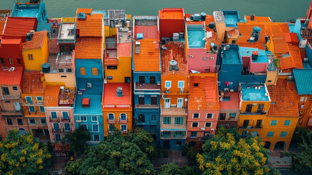 A stunning panoramic aerial view of a bustling cityscape, capturing the vast array of buildings and urban infrastructure from above. The scene showcases the intricate layout of streets and structures, offering a comprehensive top-down perspective of the city's architecture and environment.