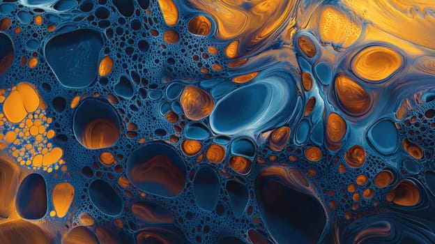 A hyper-detailed, small-scale fractal fluid art piece in vibrant blue and orange tones, enhanced with backlighting. The intricate 3D rendering reveals complex layers and swirling patterns that evoke depth and movement, creating a mesmerizing visual effect. The dynamic interplay of colors and textures makes the artwork come alive, offering a striking balance between fluidity and structure.