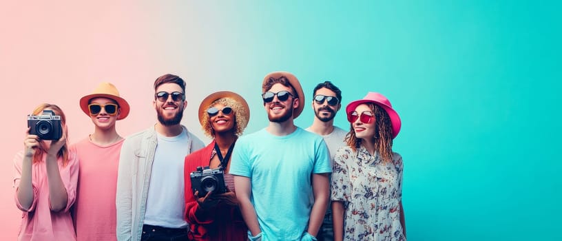 Cheerful multiethnic group of young adults wearing bright clothing and sunglasses, posing against a vibrant gradient background.