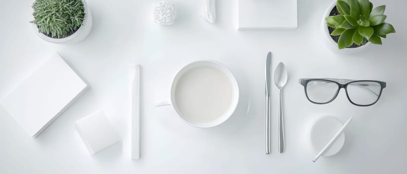 Top view of a clean white desk with coffee cup, stationery, eyeglasses, and small potted plants, perfect for showcasing a modern minimalist workspace.