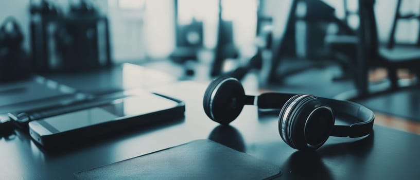 Closeup of headphones and smartphone on sleek desk, symbolizing modern work environment and digital connectivity. Copy space available.