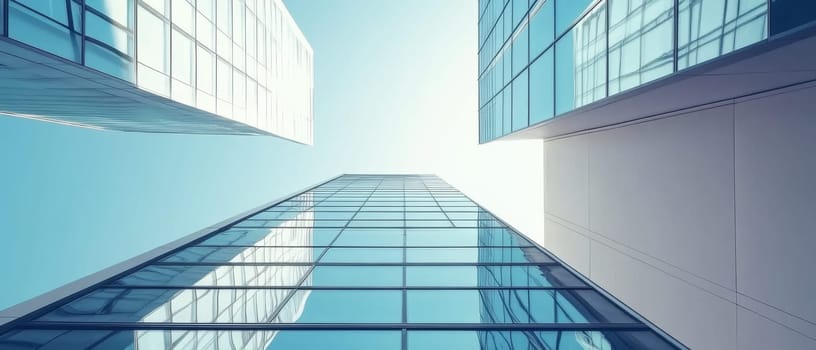 Sleek glass skyscrapers reaching towards a clear blue sky, showcasing contemporary urban architecture and design. Copy space available.