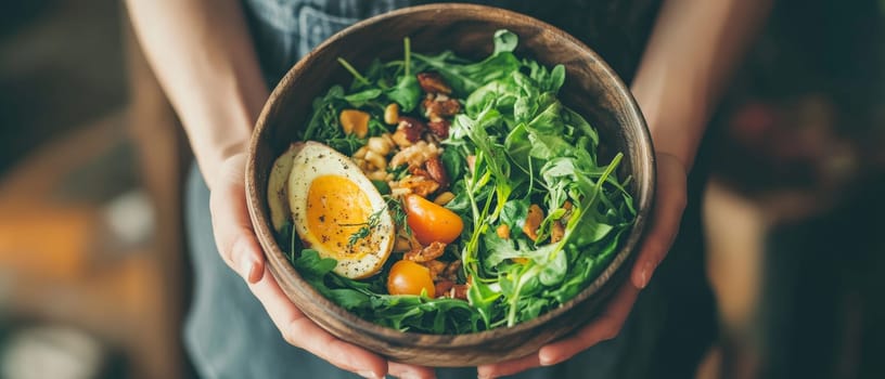 Close up of hands holding a wooden bowl filled with fresh green salad, boiled egg, and colorful vegetables, representing a balanced and nutritious meal.