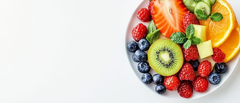Vibrant assortment of fresh fruits including strawberries, raspberries, blueberries, kiwi, and orange slices on a white plate, with ample copy space.