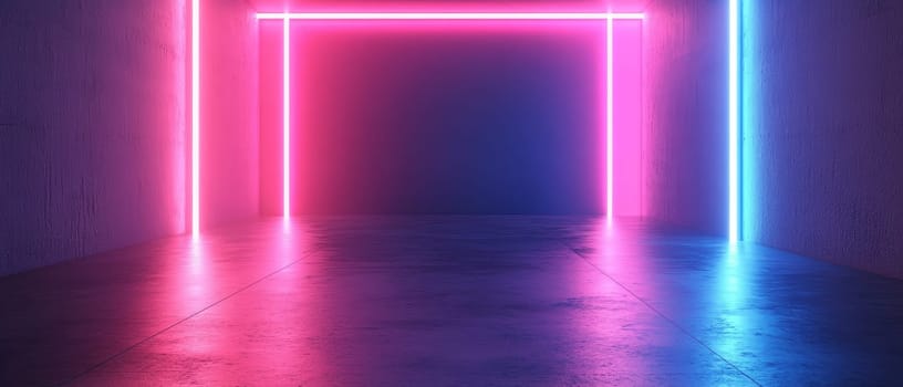 Empty room illuminated by vibrant neon lights creating a futuristic and otherworldly atmosphere with pink and blue hues. Copy space available.