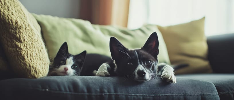 Cute black and white kitten cuddling with a small black and white puppy on a comfortable grey couch, showcasing friendship between pets.