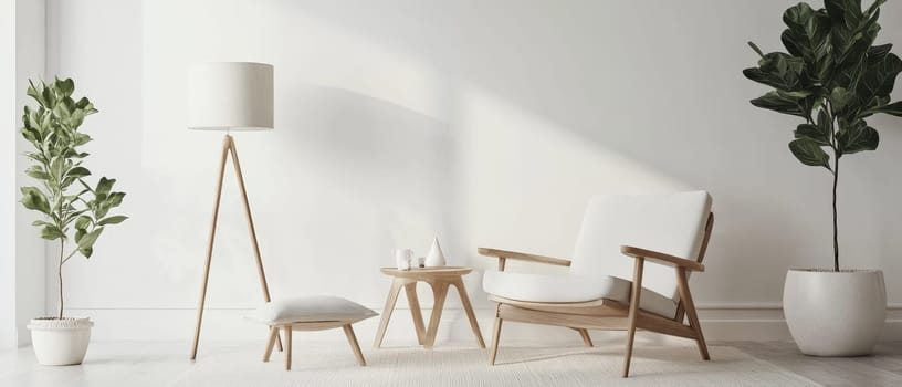 Bright, airy Scandinavian style living room featuring white walls, wooden furniture, and lush green plants, embodying modern minimalist design.