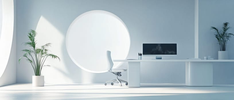 Minimalist white office space with modern furniture, large circular window, and potted plants, creating a clean and serene work environment.
