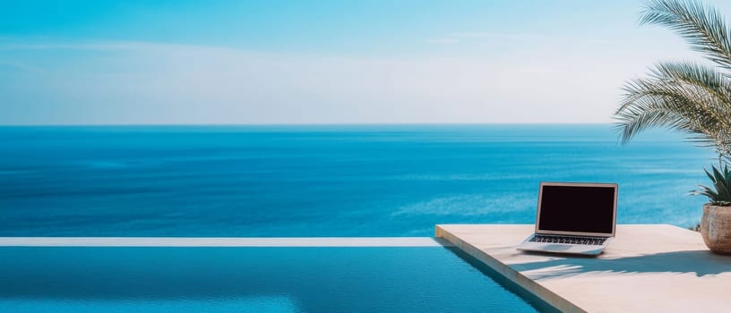 Laptop on edge of luxurious infinity pool overlooking tropical ocean, palm trees framing serene work environment with stunning sea view.