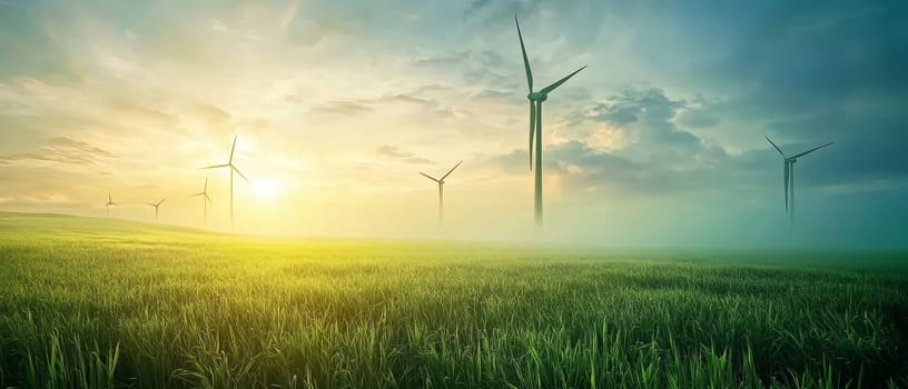 Majestic wind turbines rising from golden wheat field at dawn, showcasing renewable energy and sustainable agriculture in harmony.