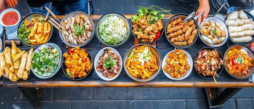 Colorful array of Asian street food dishes served in bowls on rustic wooden table, showcasing variety of flavors and culinary traditions.