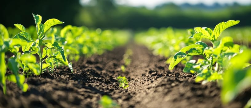 Rows of vibrant green seedlings emerging from rich soil in a sunny farm field, symbolizing growth, agriculture, and sustainable farming practices.
