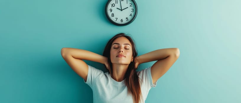Young woman with closed eyes relaxing against turquoise wall with clock, symbolizing work life balance and stress management.