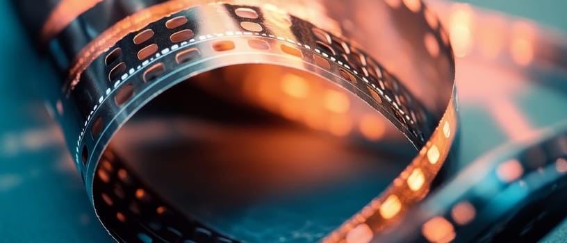 Close up of curled 35mm film strip with perforations, illuminated by warm light, evoking nostalgia for analog photography and cinema.