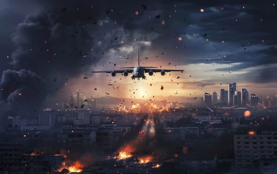 A dramatic scene of a plane flying over a city engulfed in flames and smoke, depicting an intense and catastrophic event.